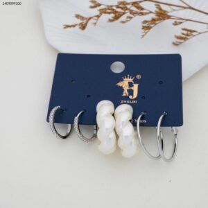 مجموعة أقراط حلقات دائرية وحلق لولو لون فضي