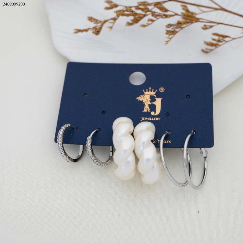 مجموعة أقراط حلقات دائرية وحلق لولو لون فضي