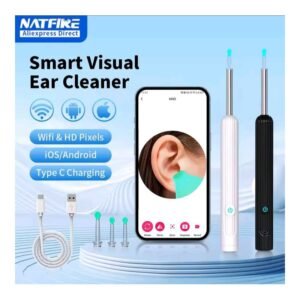 مزيل شمع الأذن اللاسلكي منظار الأذن مع إضاءة LED ذات كاميرا صغيرة مع عدة رؤوس -يعمل بالشحن ويمكن تنظيفه بالماء