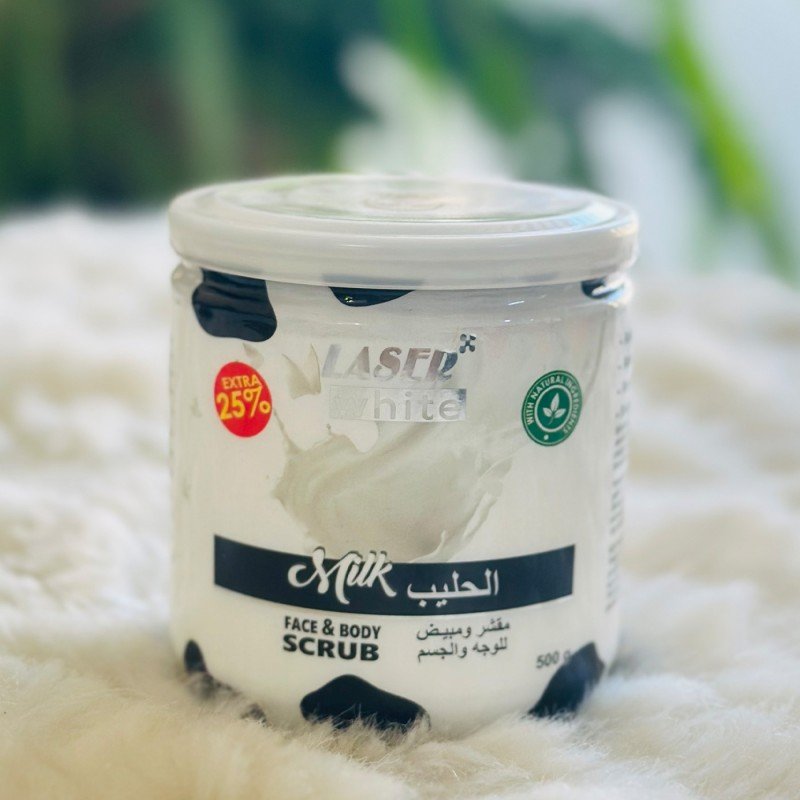مقشر ومبيض للوجه والجسم بمستخلص الحليب حجم 500 غم - Face & Body Scrub with Milk by Laser White