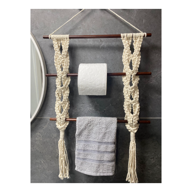 مكرمية تعليق ورق حمام و مناشف صناعة يدوية لون أبيض - Image 2