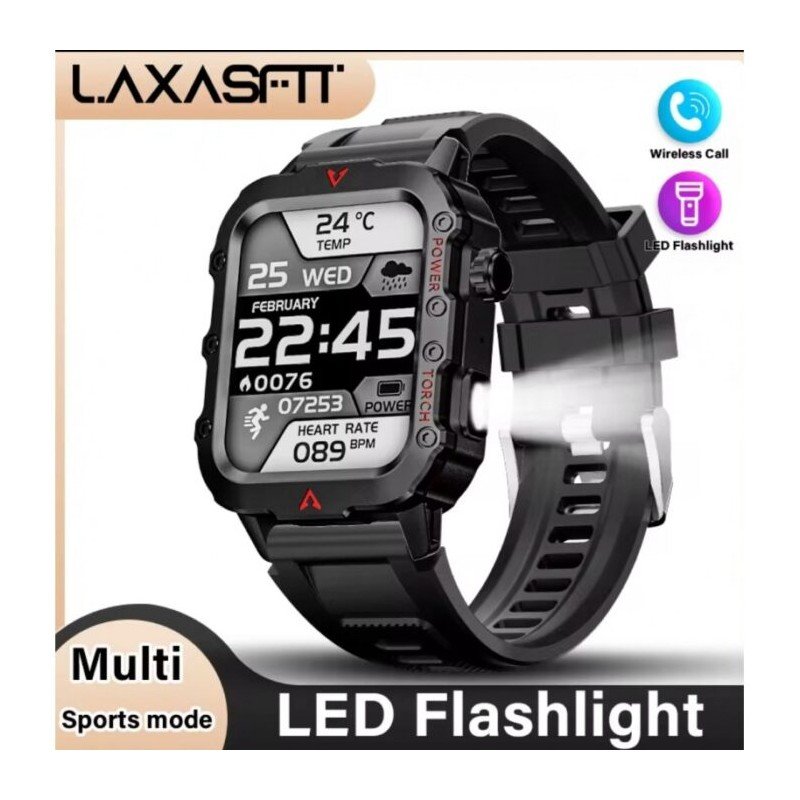 ساعة ذكية عسكرية للرجال بشاشة لمس 1.7 إنش - مزودة بكشاف- مثالية للمكالمات وتتبع اللياقة والتمارين الرياضية وضغط الدم