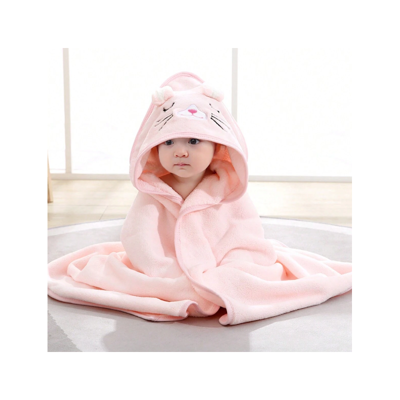 منشفة بغطاء راس للاطفال حجم 80×80 سم لون زهري