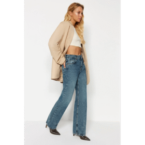 بنطلون جينز ساق عريض بخصر عالي  للنساء لون أزرق