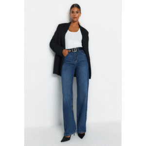 بنطلون تركي جينز ساق عريض بخصرعالي للنساء لون أزرق غامق