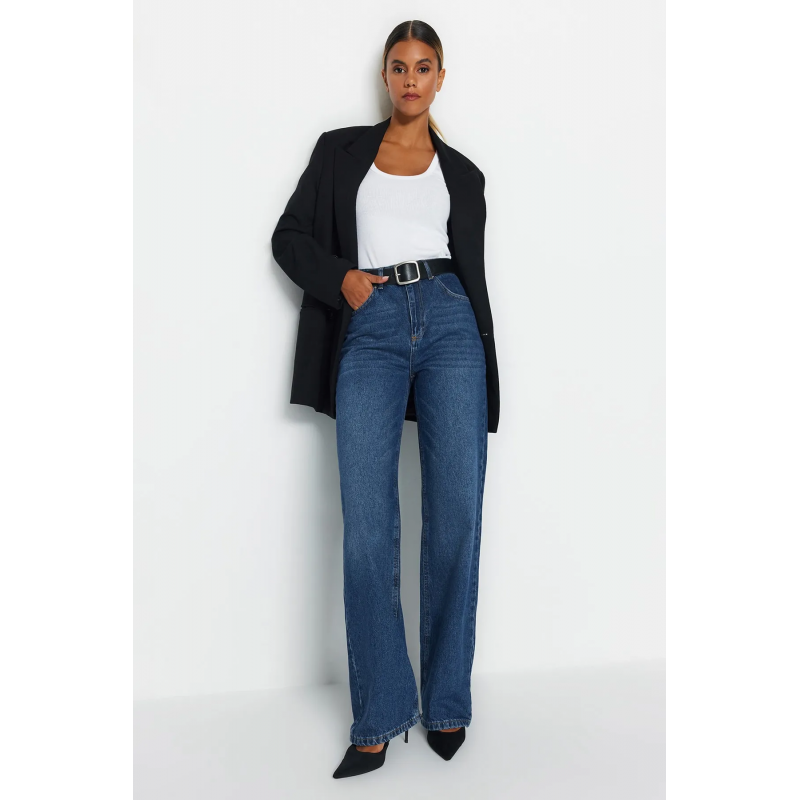 بنطلون تركي جينز ساق عريض بخصرعالي للنساء لون أزرق غامق