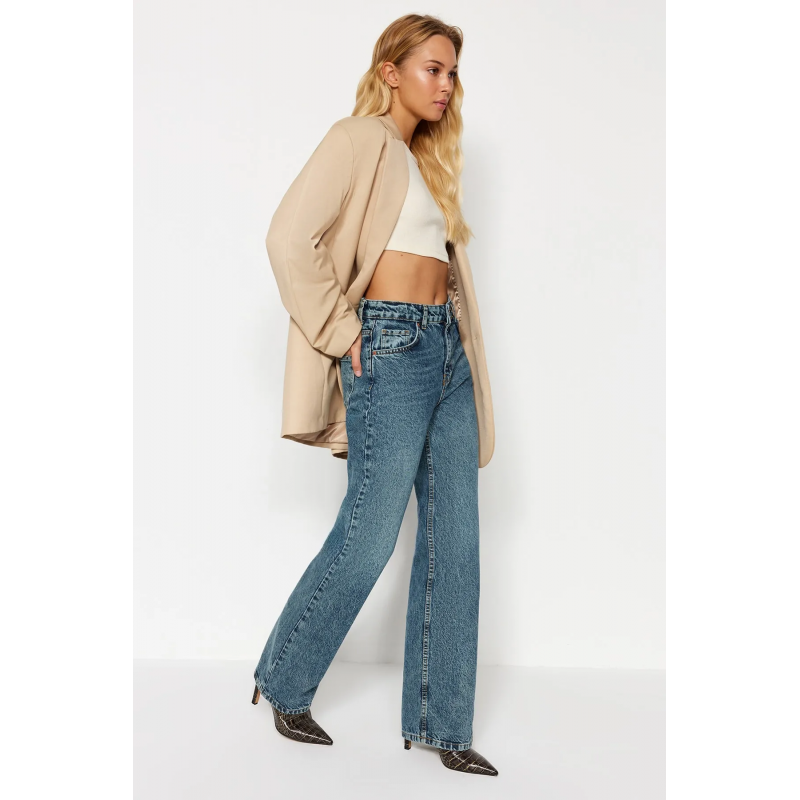 بنطلون جينز ساق عريض بخصر عالي  للنساء لون أزرق