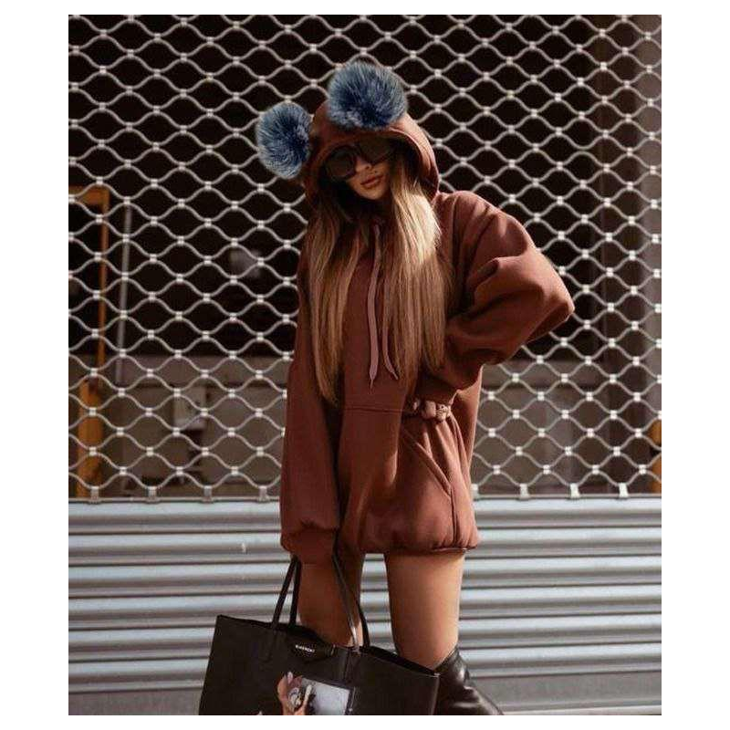 هودي فوتر بأكمام طويلة للنساء لون بني