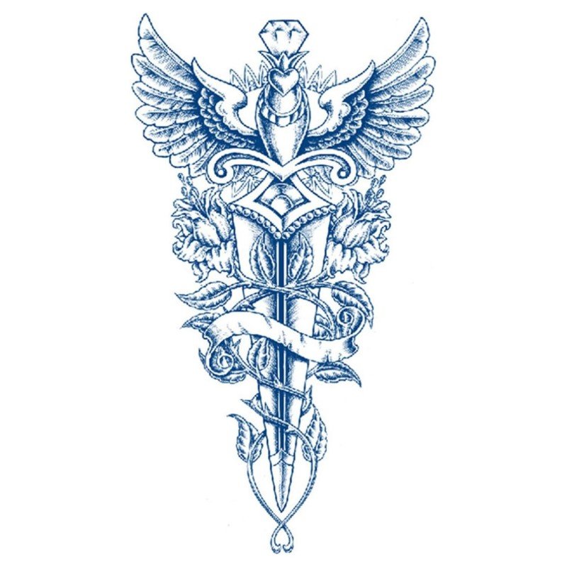 ورقة وملصق تاتو الكتف بشكل السيف والأجنحة شبه دائم مقاوم للماء حجم 18×11 سم