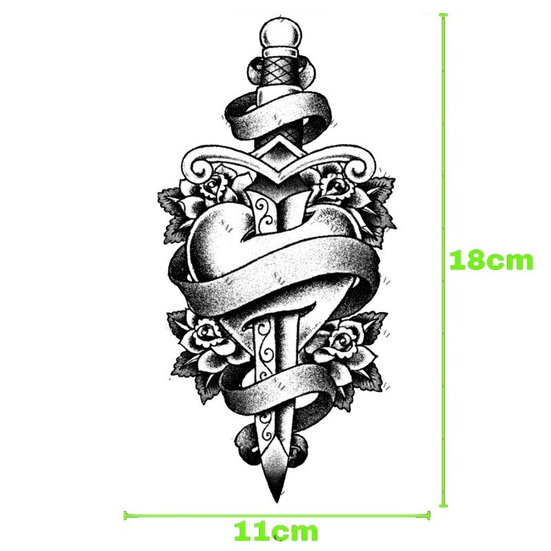ورقة وملصق تاتو الكتف بشكل السيف والقلب شبه دائم مقاوم للماء حجم 18×11 سم
