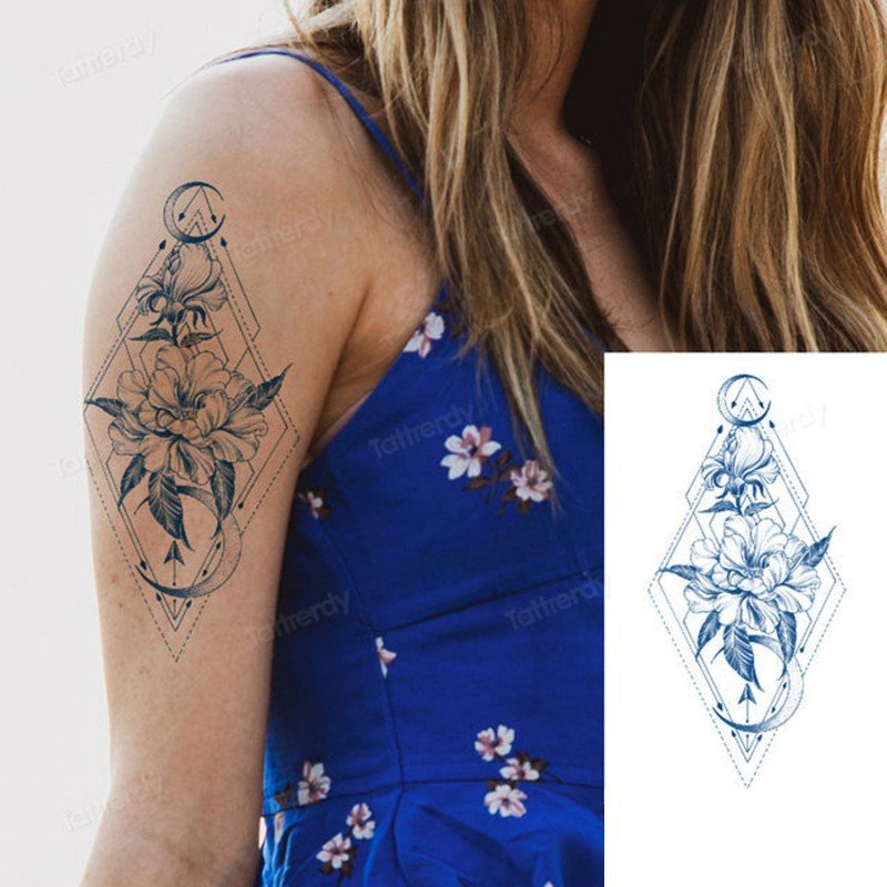 ورقة وملصق تاتو الكتف بشكل وردة وهلال شبه دائم مقاوم للماء حجم 18×11 سم