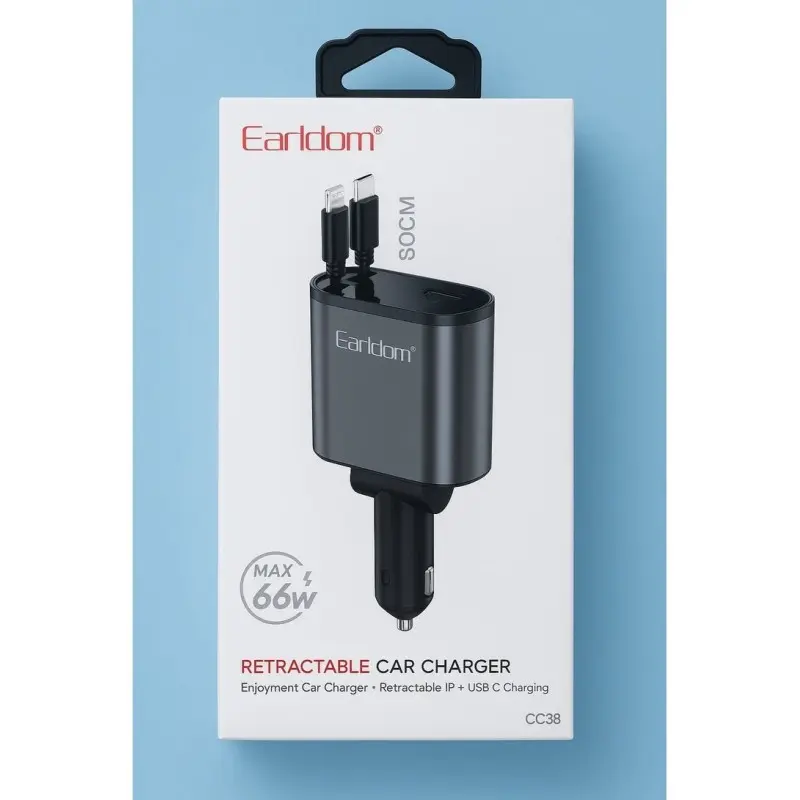 earldom retractable 4in1 car mobile phone car charger cc38 شاحن سريع 66 واط يدعم كافة الاجهزة بتصميم عصري يمنحك النظام والجمال داخل السيارة