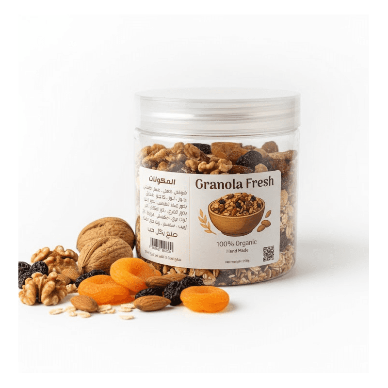 جرانولا فريش – شوفان كامل مع مكسرات وفواكه مجففة وبذور مع عسل، وجبة إفطار صحية مشبعة تمنح طاقة متواصلة للرياضيين والطلاب والموظفين، وبديل لأطفال المدارس (250غ)