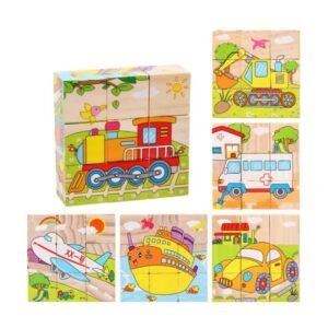 بازل مكعبات خشبية 3D ستة أوجه لتعليم الأطفال التعرف على الحيوانات والفواكه والمواصلات