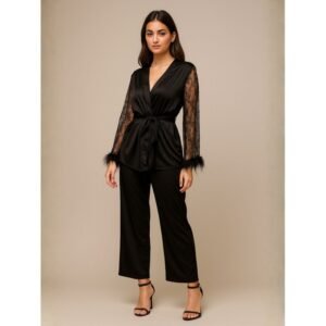 بجامة لانجري ثلاث قطع مع روب لون أسود