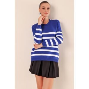 بلوزة ستاتي شتوي لوزن نيلي مخطط ابيض Bigdart