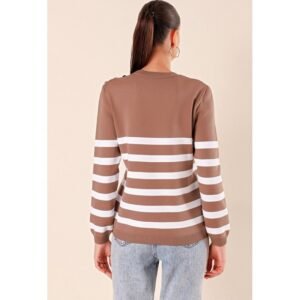 بلوزة ستاتي شتوي لون بيج مخطط أبيض Bigdart