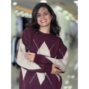 بلوزة ستاتي شتوي لون خمري نقشة بيج Happiness İstanbul