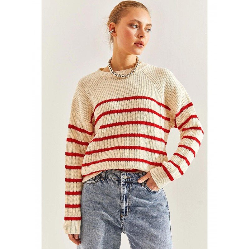 بلوزة ستاتي شتوي مخطط بيج وأحمر SHADE