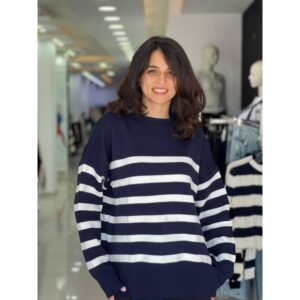 بلوزة ستاتي شتوي مخطط كحلي وأبيض Bianco Lucci