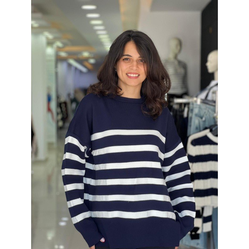 بلوزة ستاتي شتوي مخطط كحلي وأبيض Bianco Lucci