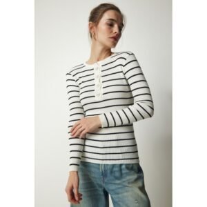 بلوزة ستاتي لون أبيض مخطط أسود Happiness İstanbul