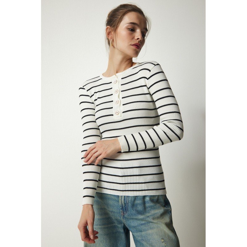 بلوزة ستاتي لون أبيض مخطط أسود Happiness İstanbul