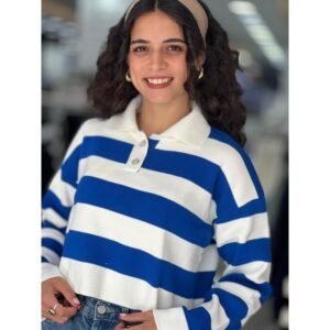 بلوزة ستاتي لون أبيض مخطط نيلي Happiness İstanbul