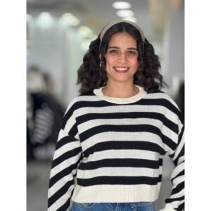 بلوزة ستاتي لون بيج مخطط أسود Bianco Lucci