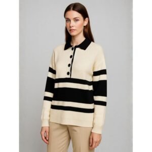 بلوزة ستاتي لون بيج مخطط أسود