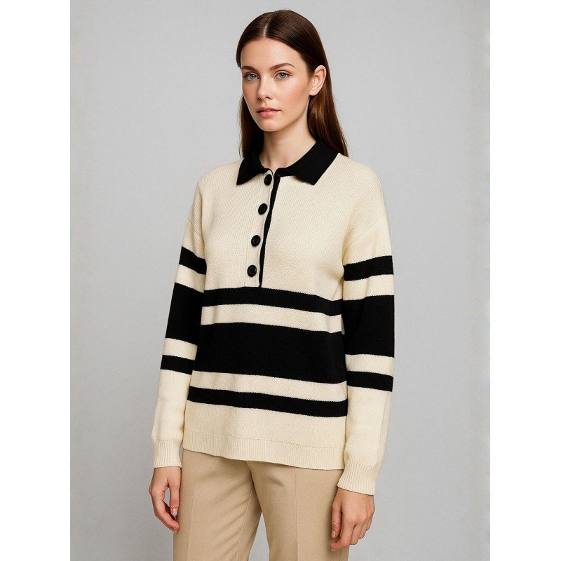 بلوزة ستاتي لون بيج مخطط أسود