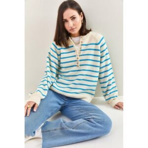 بلوزة شتوية مخططة باللون الازرق والبيج One Size