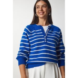 بلوزة شتوية مخططة باللون النيلي والابيض One Size