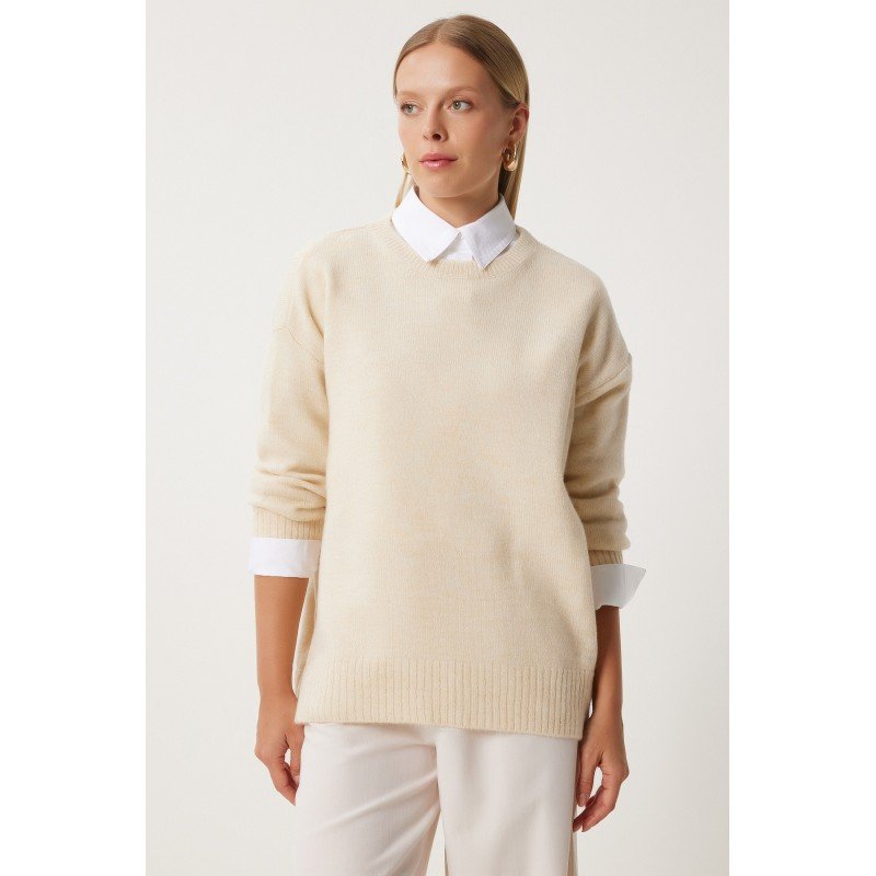 بلوزة صوف باللون البيج سادة One Size