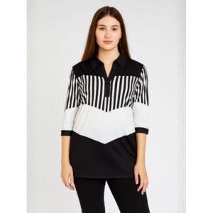 بلوزة كم طويل لون أبيض وأسود