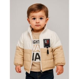 سترة شتوية مع طاقية للأطفال لون ابيض وبيج