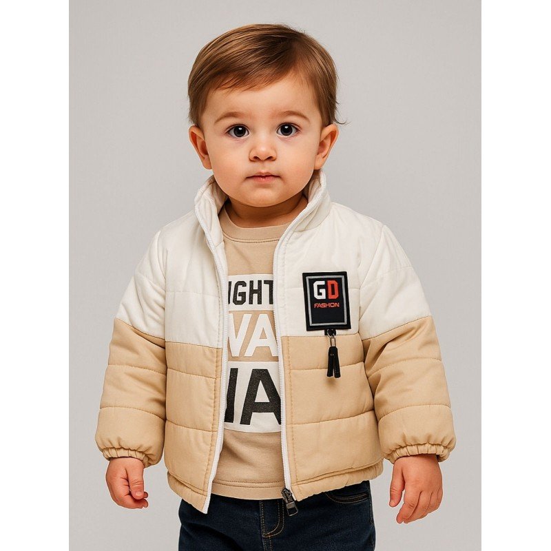 سترة شتوية مع طاقية للأطفال لون ابيض وبيج