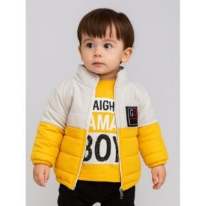 سترة شتوية مع طاقية للأطفال لون ابيض واصفر