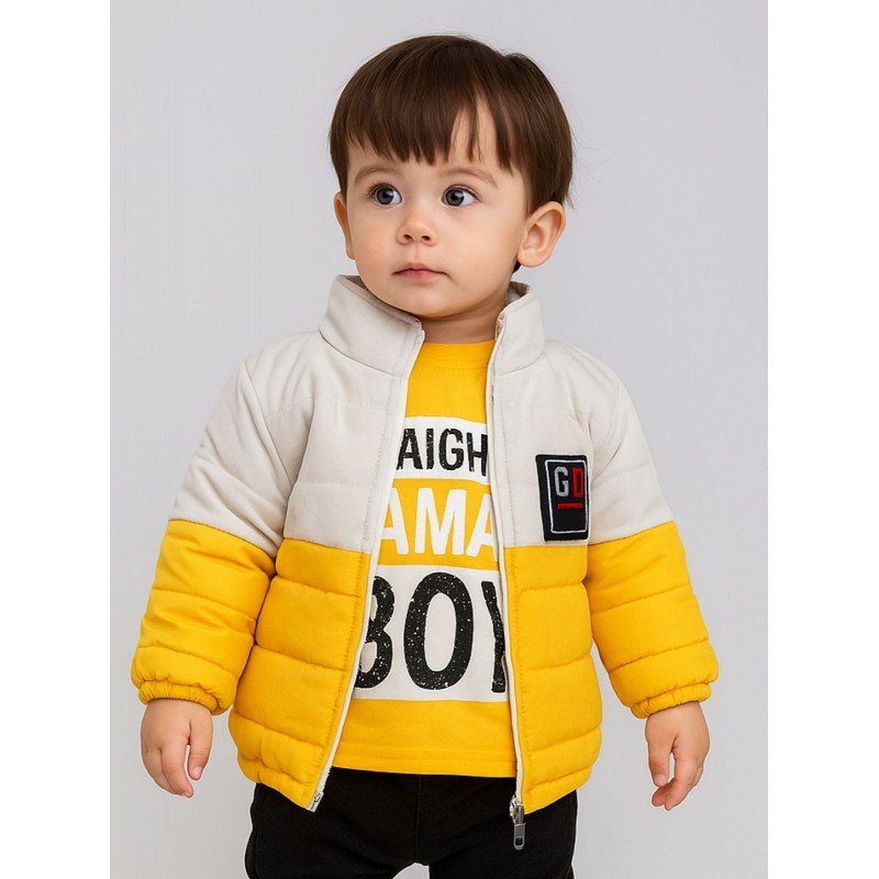 سترة شتوية مع طاقية للأطفال لون ابيض واصفر
