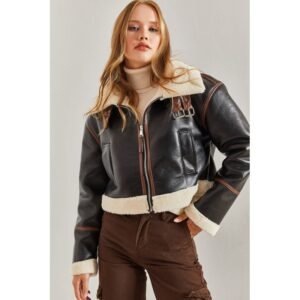 جاكيت جلد فرو وجلد باللون البني