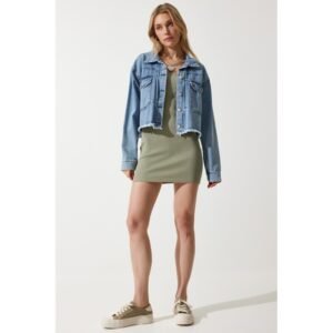 جاكيت جينز نسائي أزرق متوسط بدون درزات مع جيوب واسعة – Happiness İstanbul