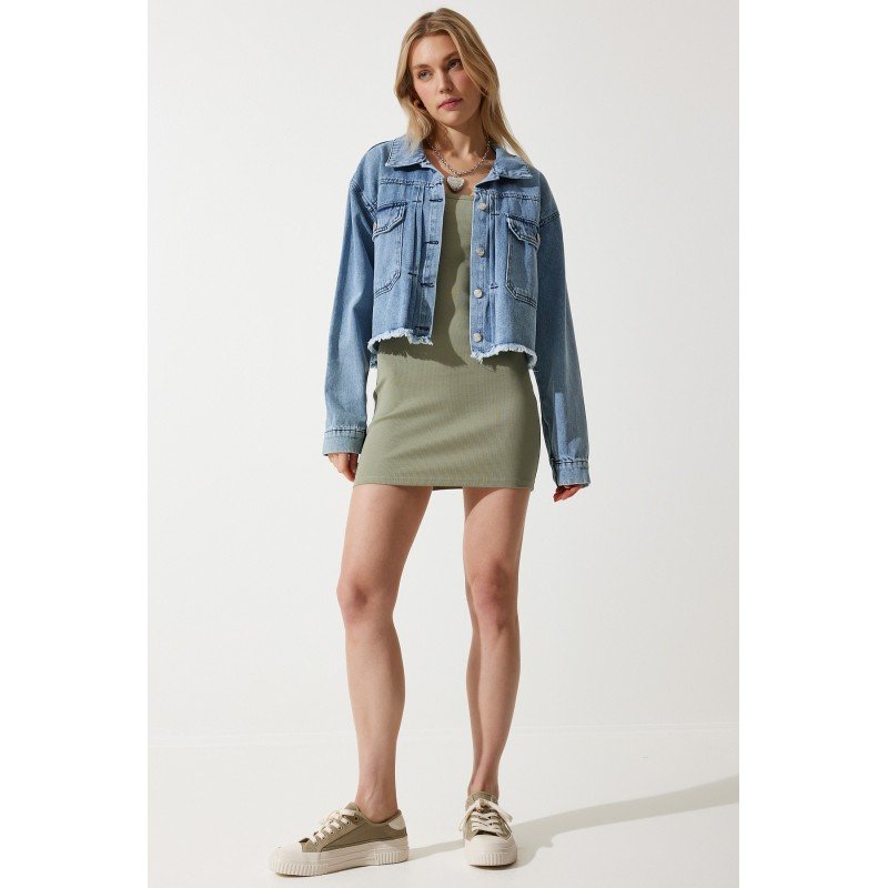 جاكيت جينز نسائي أزرق متوسط بدون درزات مع جيوب واسعة – Happiness İstanbul