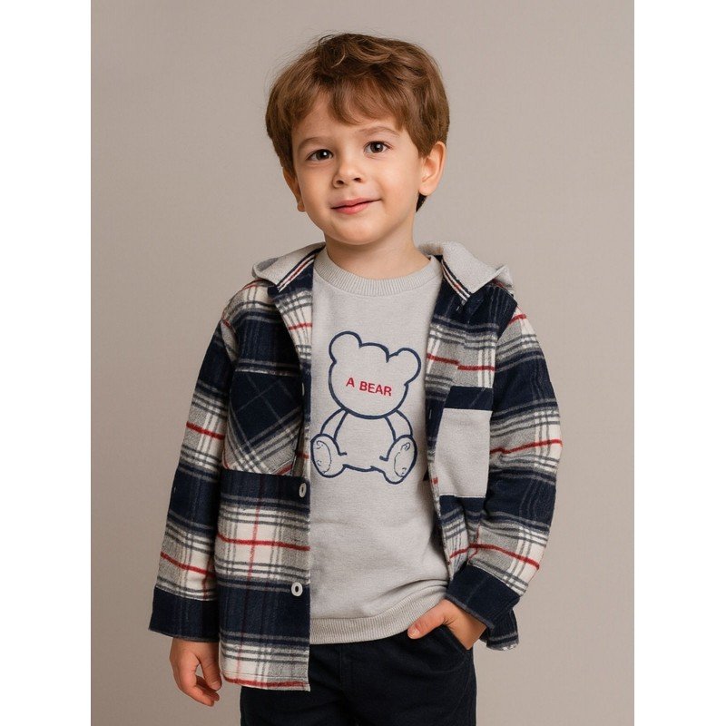 جاكيت ولادي بأزرار وأكمام طويلة لون سكني