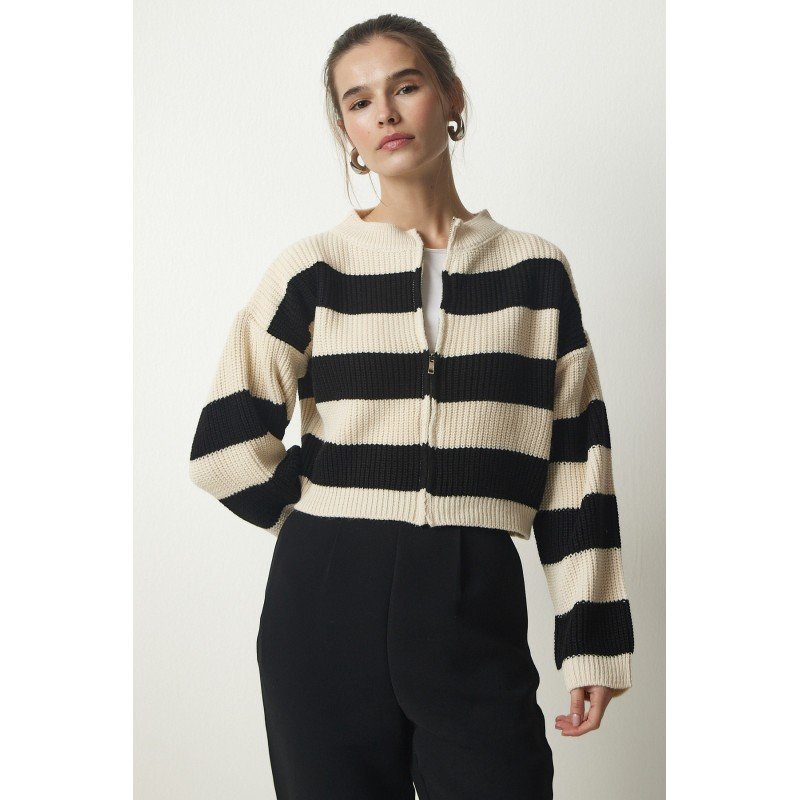 جرزة ستاتي بسحاب لون بيج مخطط أسود Happiness İstanbul