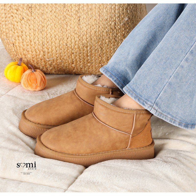 حذاء مبطن فرو بنعل عريض للنساء لون بني