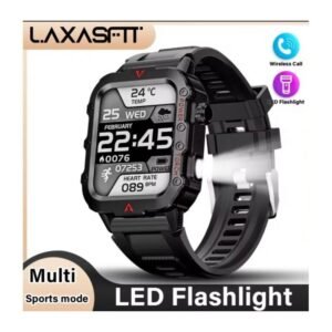 ساعة ذكية عسكرية للرجال بشاشة لمس 1.7 إنش - مزودة بكشاف- مثالية للمكالمات وتتبع اللياقة والتمارين الرياضية وضغط الدم