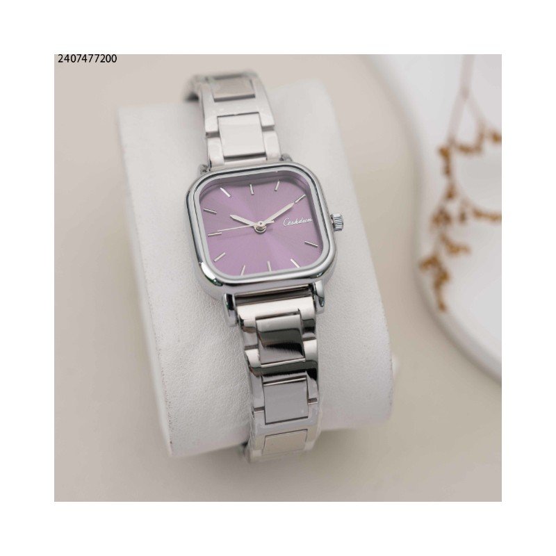 ساعة نسائية مربعة اللون فضي و بنفسجي من ماركة FJ مع كفالة سنتين ضد تغير اللون