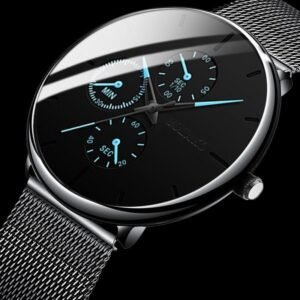 ساعة يد رجالية كوارتز مميزة مع عقارب باللون الأزرق حزام شبكي معدني