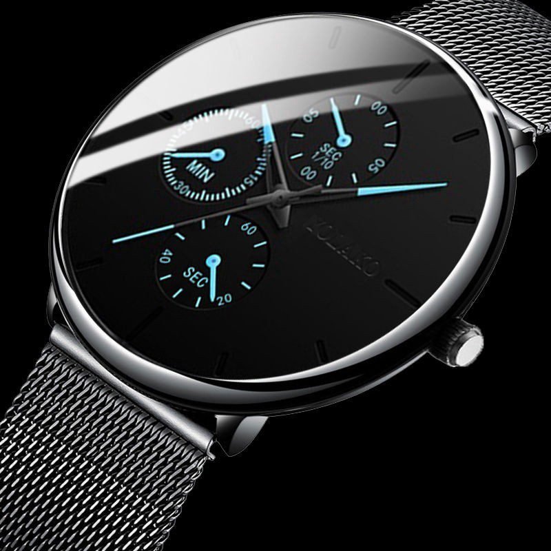 ساعة يد رجالية كوارتز مميزة مع عقارب باللون الأزرق حزام شبكي معدني