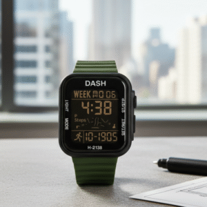 ساعة يد رقمية بشاشة مستطيلة للرجال مع إضاءة LED حزام لون أخضر